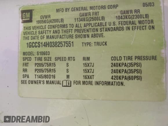 ✅ 2003 Chevrolet S-10 LS • VIN: 1GCCS14H038257551 • Лот: 42094197. Опубликован ранее на IAAI с пробегом 247 239 миль. Бесплатный доступ к архиву аукционных продаж из США и подробный отчёт об истории автомобиля на DreamBid. Изображение 9.