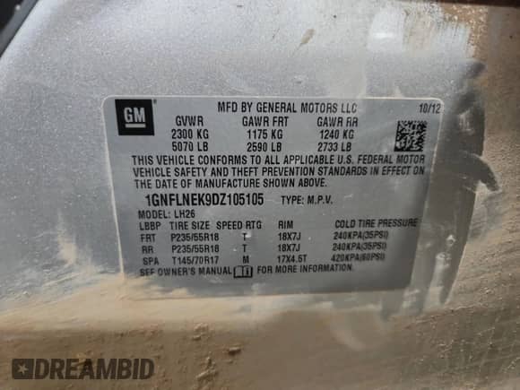 2013 Chevrolet Equinox LT z VIN 1GNFLNEK9DZ105105, wystawiony jako Copart lot #84426705 z przebiegiem 159 027 mil mil oraz Szkoda całkowita • Salvage title. Historia ofert i sprzedaży dostępna na DreamBid. Obrazek 14.