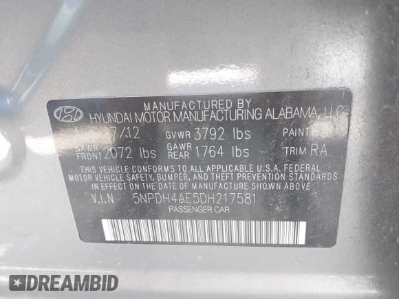 ✅ 2013 Hyundai Elantra GLS • VIN: 5NPDH4AE5DH217581 • Lot: 42629761. Listed on IAAI with 134,728 mi. Free auction sales archive from the USA and detailed vehicle history report at DreamBid. Image 9.