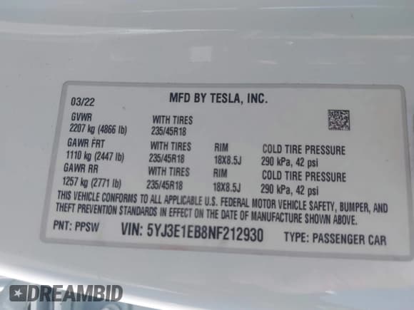 ✅ 2022 Tesla Model 3 Long Range • VIN: 5YJ3E1EB8NF212930 • Lot: 41658127. Wystawiony na IAAI z przebiegiem 43 773 mil. Bezpłatny archiwum sprzedaży aukcyjnych z USA i szczegółowy raport historii pojazdu na DreamBid. Zdjęcie 9.