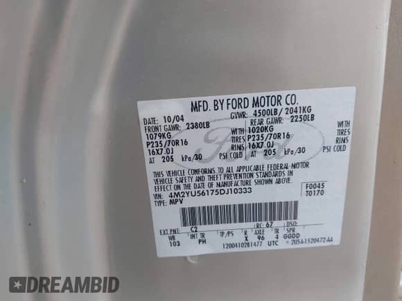 2005 Mercury Mariner Luxury z VIN 4M2YU56175DJ10333, wystawiony jako IAAI lot #41644749 z przebiegiem 174 477 mil mil oraz . Historia ofert i sprzedaży dostępna na DreamBid. Obrazek 9.