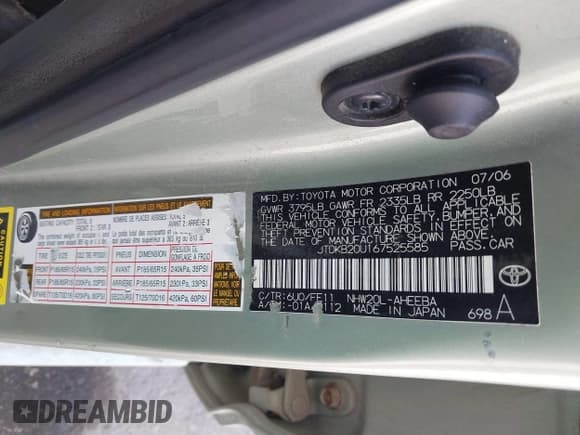 ✅ 2006 Toyota Prius • VIN: JTDKB20U167525585 • Lot: 41680223. Listed on IAAI with 324,041 mi. Free auction sales archive from the USA and detailed vehicle history report at DreamBid. Image 9.