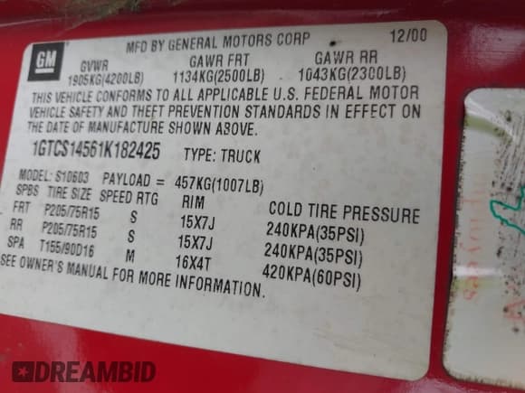 ✅ 2001 GMC Sonoma SL • VIN: 1GTCS14561K182425 • Lot: 42270812. Wystawiony na IAAI z przebiegiem 230 344 mil. Bezpłatny archiwum sprzedaży aukcyjnych z USA i szczegółowy raport historii pojazdu na DreamBid. Zdjęcie 9.