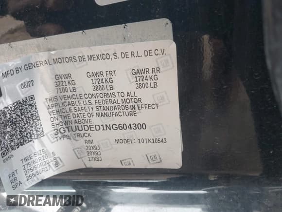 ✅ 2022 GMC Sierra 1500 SLT • VIN: 3GTUUDED1NG604300 • Lot: 42376372. Listed on IAAI with 49,793 mi. Free auction sales archive from the USA and detailed vehicle history report at DreamBid. Image 9.