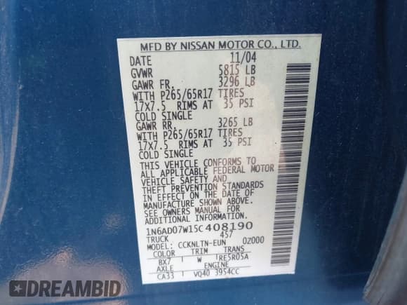 ✅ 2005 Nissan Frontier Nismo • VIN: 1N6AD07W15C408190 • Lot: 43790734. Listed on IAAI with 186,866 mi. Free auction sales archive from the USA and detailed vehicle history report at DreamBid. Image 9.