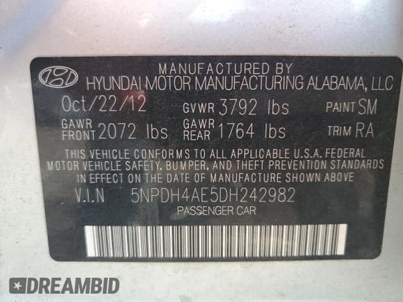 ✅ 2013 Hyundai Elantra Limited • VIN: 5NPDH4AE5DH242982 • Lot: 61252965. Listed on Copart with 90,091 mi. Free auction sales archive from the USA and detailed vehicle history report at DreamBid. Image 12.