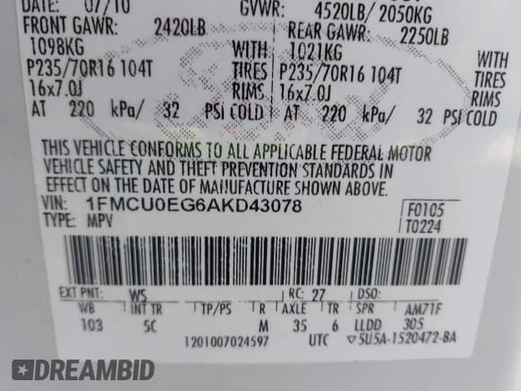 ✅ 2010 Ford Escape Limited • VIN: 1FMCU0EG6AKD43078 • Lot: 43475935. Listed on IAAI with 151,968 mi. Free auction sales archive from the USA and detailed vehicle history report at DreamBid. Image 9.