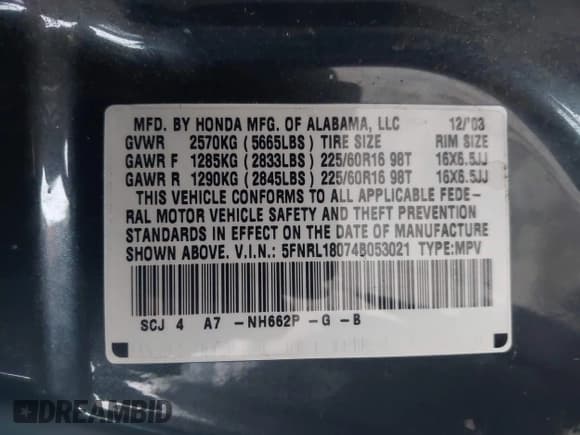✅ 2004 Honda Odyssey EX-L • VIN: 5FNRL18074B053021 • Lot: 43810954. Listed on IAAI with 172,771 mi. Free auction sales archive from the USA and detailed vehicle history report at DreamBid. Image 9.