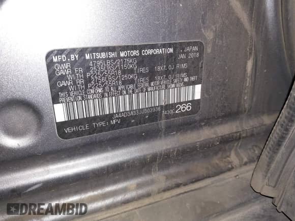 2018 Mitsubishi Outlander SE with VIN JA4AD3A33JJ003936, listed as a IAAI auction lot 43525448 with 252,718 mi miles and . Bid and sale history available at DreamBid. Image 9.