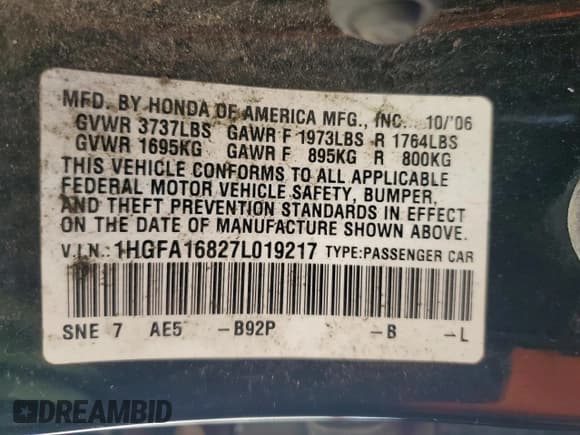 ✅ 2007 Honda Civic EX • VIN: 1HGFA16827L019217 • Лот: 85822225. Опубликован ранее на Copart с пробегом 260 037 миль. Бесплатный доступ к архиву аукционных продаж из США и подробный отчёт об истории автомобиля на DreamBid. Изображение 12.