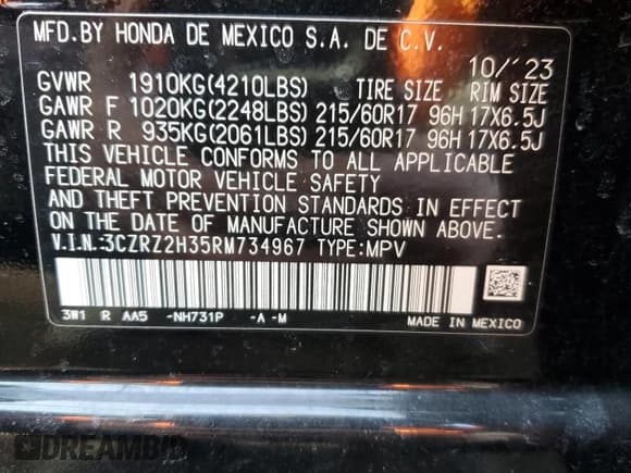 ✅ 2024 Honda HR-V LX • VIN: 3CZRZ2H35RM734967 • Lot: 48244225. Listed on Copart with 18,507 mi. Free auction sales archive from the USA and detailed vehicle history report at DreamBid. Image 12.