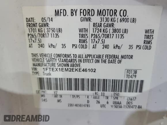✅ 2014 Ford F-150 XL • VIN: 1FTEX1EM2EKE46102 • Lot: 83995835. Listed on Copart with 118,903 mi. Free auction sales archive from the USA and detailed vehicle history report at DreamBid. Image 12.