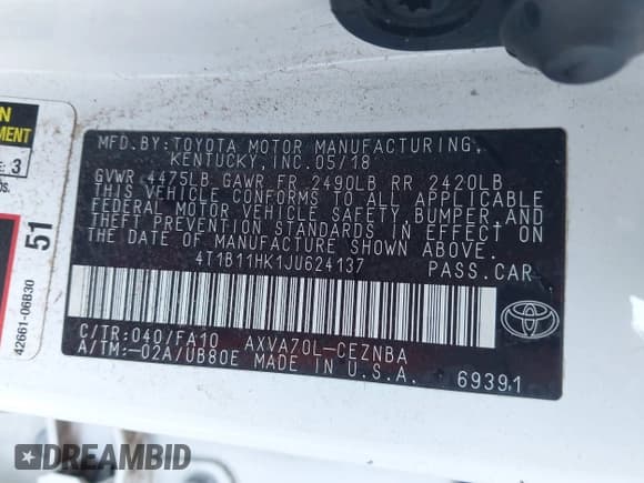 ✅ 2018 Toyota Camry LE • VIN: 4T1B11HK1JU624137 • Lot: 43595861. Listed on IAAI with 23,780 mi. Free auction sales archive from the USA and detailed vehicle history report at DreamBid. Image 9.