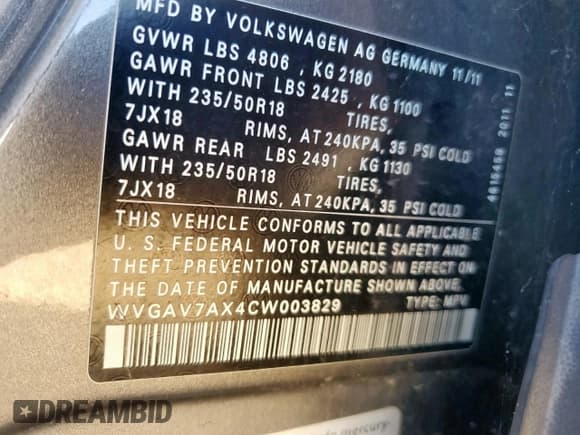 ✅ 2012 Volkswagen Tiguan S • VIN: WVGAV7AX4CW003829 • Lot: 92178235. Listed on Copart with Not provided. Free auction sales archive from the USA and detailed vehicle history report at DreamBid. Image 13.