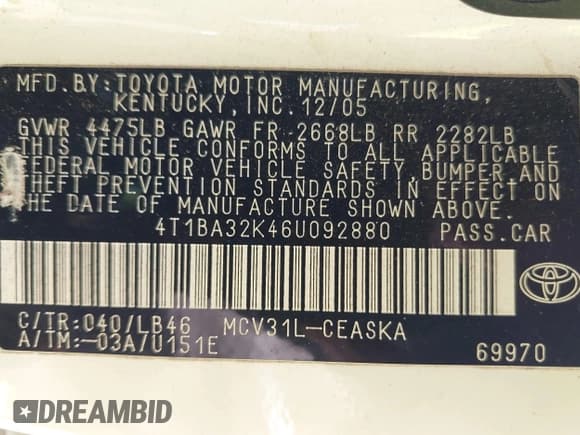 ✅ 2006 Toyota Camry SE • VIN: 4T1BA32K46U092880 • Lot: 42618322. Listed on IAAI with 273,410 mi. Free auction sales archive from the USA and detailed vehicle history report at DreamBid. Image 9.