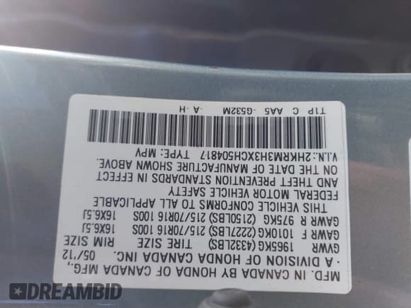 ✅ 2012 Honda CR-V LX • VIN: 2HKRM3H3XCH504817 • Lot: 43789004. Listed on IAAI with 162,056 mi. Free auction sales archive from the USA and detailed vehicle history report at DreamBid. Image 9.