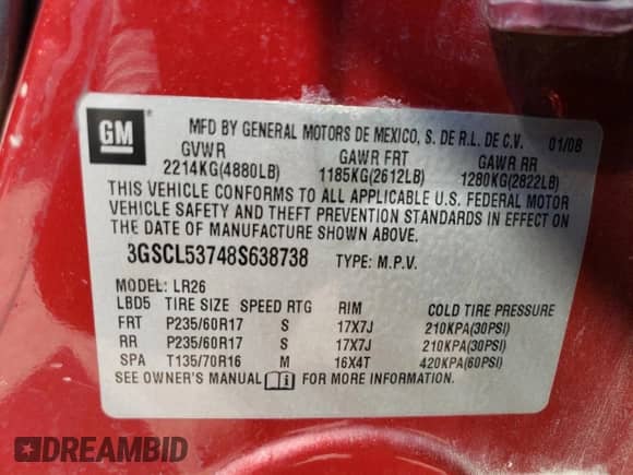 2008 Saturn VUE XR z VIN 3GSCL53748S638738, wystawiony jako Copart lot #61835234 z przebiegiem 166 486 mil mil oraz Nie do naprawy • Non repairable. Historia ofert i sprzedaży dostępna na DreamBid. Obrazek 14.