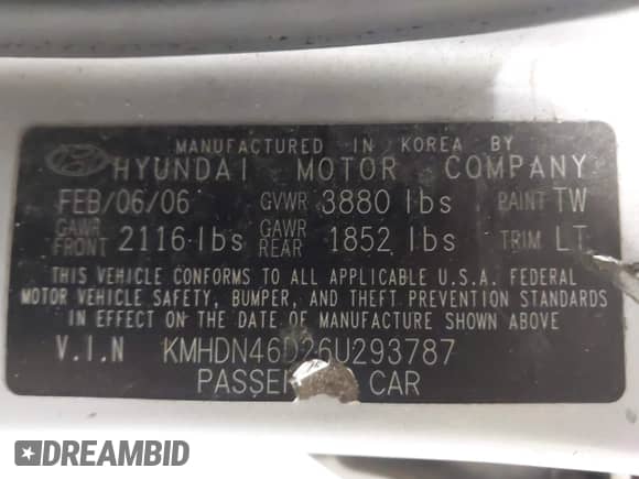 2006 Hyundai Elantra GLS with VIN KMHDN46D26U293787, listed as a IAAI auction lot 43489111 with 247,390 mi miles and . Bid and sale history available at DreamBid. Image 9.