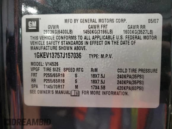 ✅ 2007 GMC Acadia SLE • VIN: 1GKEV13757J157036 • Lot: 78567244. Listed on Copart with Not provided. Free auction sales archive from the USA and detailed vehicle history report at DreamBid. Image 13.