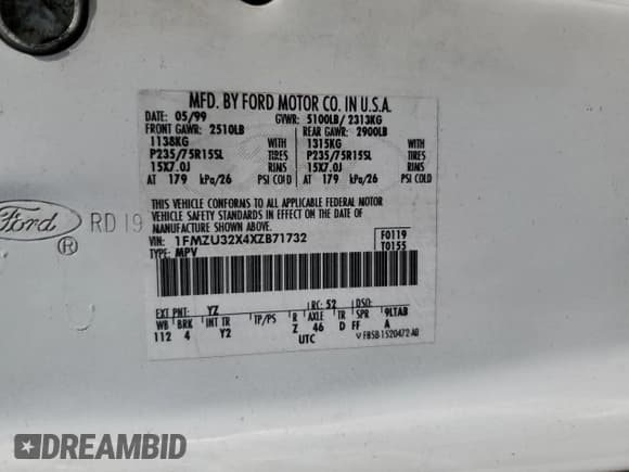 ✅ 1999 Ford Explorer XL • VIN: 1FMZU32X4XZB71732 • Лот: 55330255. Опубликован ранее на Copart с пробегом 201 879 миль. Бесплатный доступ к архиву аукционных продаж из США и подробный отчёт об истории автомобиля на DreamBid. Изображение 13.