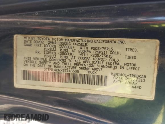 ✅ 2003 Toyota Tacoma • VIN: 5TENL42NX3Z146598 • Lot: 43829316. Listed on IAAI with 223,434 mi. Free auction sales archive from the USA and detailed vehicle history report at DreamBid. Image 9.