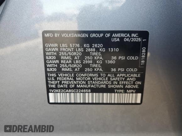 ✅ 2025 Volkswagen Atlas SE • VIN: 1V2KE2CA8SC224658 • Лот: 70911165. Опубликован ранее на Copart с пробегом 147 миль. Бесплатный доступ к архиву аукционных продаж из США и подробный отчёт об истории автомобиля на DreamBid. Изображение 14.