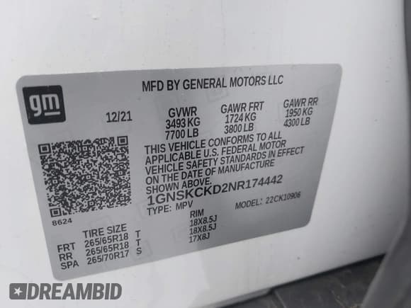 ✅ 2022 Chevrolet Suburban LT • VIN: 1GNSKCKD2NR174442 • Lot: 41902034. Listed on IAAI with 41,120 mi. Free auction sales archive from the USA and detailed vehicle history report at DreamBid. Image 9.