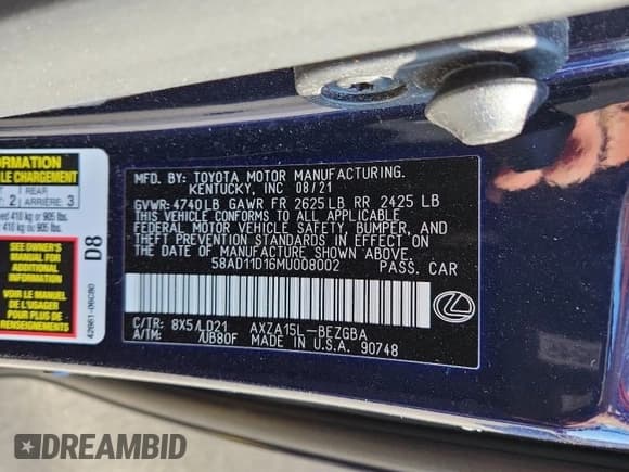 ✅ 2021 Lexus ES 250 • VIN: 58AD11D16MU008002 • Лот: 71090015. Опубликован ранее на Copart с пробегом 73 515 миль. Бесплатный доступ к архиву аукционных продаж из США и подробный отчёт об истории автомобиля на DreamBid. Изображение 12.