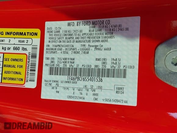 ✅ 2025 Ford Mustang GT • VIN: 1FA6P8CF6S5401536 • Lot: 43360548. Listed on IAAI with 5,813 mi. Free auction sales archive from the USA and detailed vehicle history report at DreamBid. Image 9.