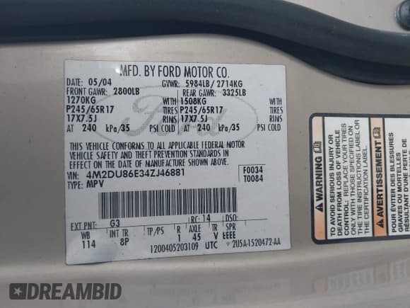 ✅ 2004 Mercury Mountaineer • VIN: 4M2DU86E34ZJ46881 • Лот: 41897976. Опубликован ранее на IAAI с пробегом 288 887 миль. Бесплатный доступ к архиву аукционных продаж из США и подробный отчёт об истории автомобиля на DreamBid. Изображение 9.