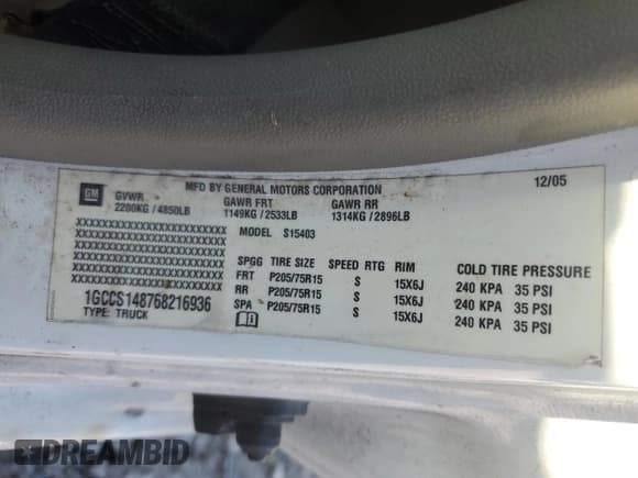 ✅ 2006 Chevrolet Colorado Work Truck • VIN: 1GCCS148768216936 • Lot: 91391335. Listed on Copart with 125,828 mi. Free auction sales archive from the USA and detailed vehicle history report at DreamBid. Image 12.