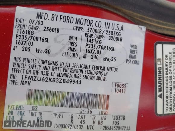 ✅ 2003 Ford Explorer XLS • VIN: 1FMZU62K83ZB49944 • Lot: 42811928. Listed on IAAI with 208,843 mi. Free auction sales archive from the USA and detailed vehicle history report at DreamBid. Image 9.