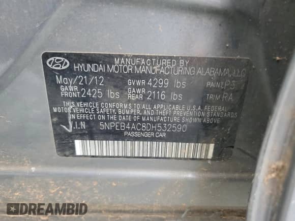 2013 Hyundai Sonata GLS z VIN 5NPEB4AC8DH532590, wystawiony jako Copart lot #82391925 z przebiegiem 135 153 mil mil oraz Szkoda całkowita • Salvage title. Historia ofert i sprzedaży dostępna na DreamBid. Obrazek 13.