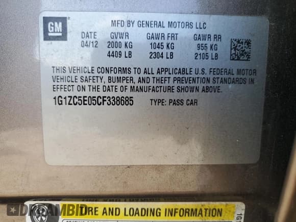 ✅ 2012 Chevrolet Malibu 1LT • VIN: 1G1ZC5E05CF338685 • Lot: 73812464. Listed on Copart with Not provided. Free auction sales archive from the USA and detailed vehicle history report at DreamBid. Image 13.