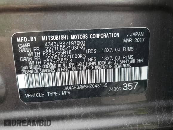 2017 Mitsubishi Outlander SE with VIN JA4AR3AW3HZ048155, listed as a Copart auction lot 69593835 with 177,506 mi miles and Clean title. Bid and sale history available at DreamBid. Image 13.