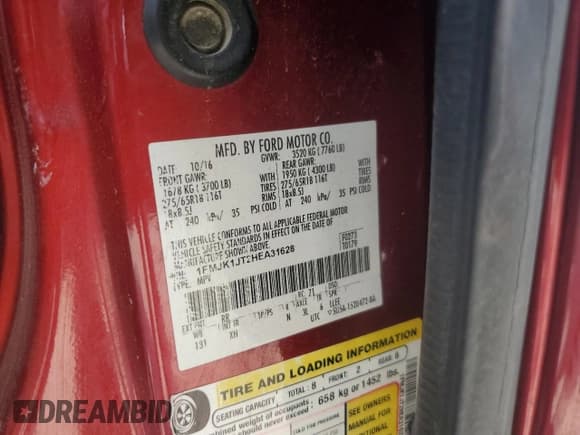 ✅ 2017 Ford Expedition Max XLT • VIN: 1FMJK1JT2HEA31628 • Lot: 67585995. Listed on Copart with 207,938 mi. Free auction sales archive from the USA and detailed vehicle history report at DreamBid. Image 13.