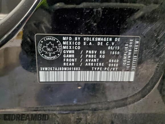 ✅ 2013 Volkswagen Jetta • VIN: 3VW2K7AJ8DM301683 • Lot: 95222445. Listed on Copart with 190,337 mi. Free auction sales archive from the USA and detailed vehicle history report at DreamBid. Image 13.