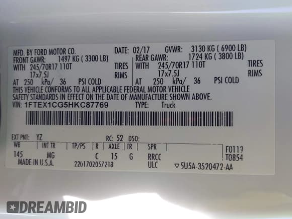 ✅ 2017 Ford F-150 XL • VIN: 1FTEX1CG5HKC87769 • Lot: 41711952. Listed on IAAI with 147,486 mi. Free auction sales archive from the USA and detailed vehicle history report at DreamBid. Image 9.