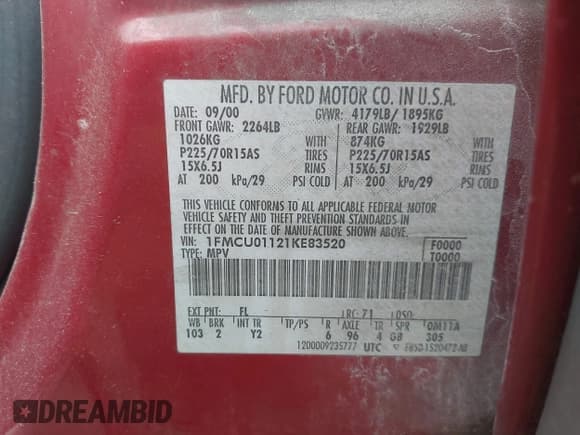 ✅ 2001 Ford Escape • VIN: 1FMCU01121KE83520 • Lot: 42578099. Listed on IAAI with 279,085 mi. Free auction sales archive from the USA and detailed vehicle history report at DreamBid. Image 9.