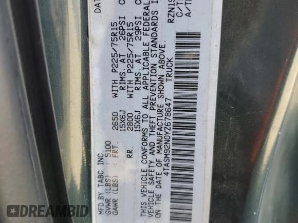 ✅ 2000 Toyota Tacoma PreRunner • VIN: 4TASM92N0YZ678647 • Lot: 82546795. Listed on Copart with 405,229 mi. Free auction sales archive from the USA and detailed vehicle history report at DreamBid. Image 12.