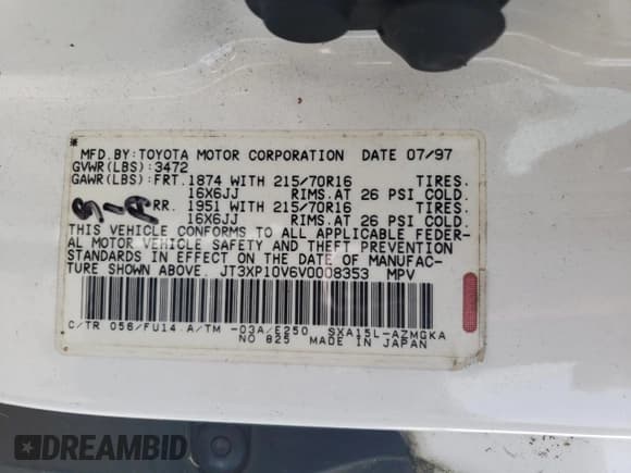 ✅ 1997 Toyota RAV4 • VIN: JT3XP10V6V0008353 • Lot: 66944865. Wystawiony na Copart z przebiegiem 188 008 mil. Bezpłatny archiwum sprzedaży aukcyjnych z USA i szczegółowy raport historii pojazdu na DreamBid. Zdjęcie 12.