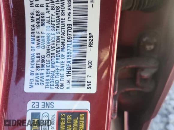 ✅ 2007 Honda Civic LX • VIN: 1HGFA15577L097709 • Лот: 80946455. Опубликован ранее на Copart с пробегом 177 446 миль. Бесплатный доступ к архиву аукционных продаж из США и подробный отчёт об истории автомобиля на DreamBid. Изображение 12.