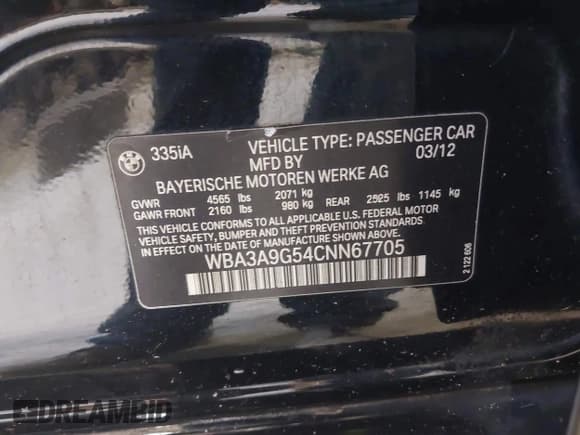 ✅ 2012 BMW 3 Series 335i • VIN: WBA3A9G54CNN67705 • Лот: 42206308. Опубликован ранее на IAAI с пробегом 93 597 миль. Бесплатный доступ к архиву аукционных продаж из США и подробный отчёт об истории автомобиля на DreamBid. Изображение 9.