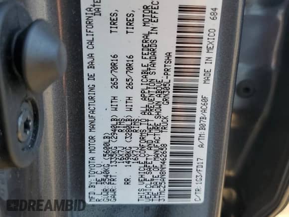 2022 Toyota Tacoma SR with VIN 3TMCZ5AN8NM462658, listed as a Copart auction lot 85084125 with 58,321 mi miles and Salvage title. Bid and sale history available at DreamBid. Image 12.