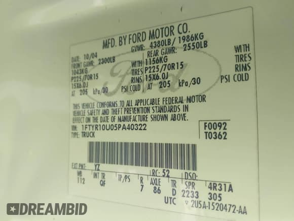 ✅ 2005 Ford Ranger XL • VIN: 1FTYR10U05PA40322 • Lot: 41891401. Listed on IAAI with 230,985 mi. Free auction sales archive from the USA and detailed vehicle history report at DreamBid. Image 9.