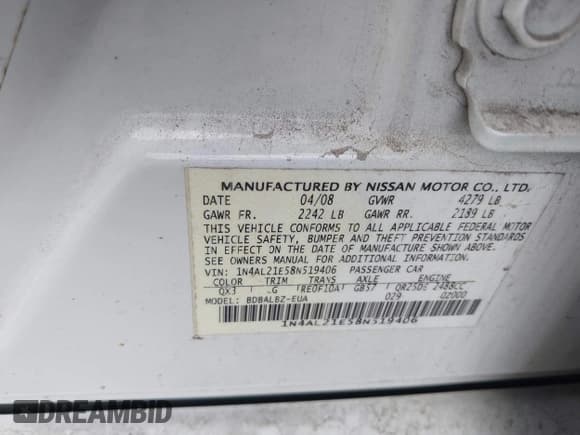 ✅ 2008 Nissan Altima SL • VIN: 1N4AL21E58N519406 • Lot: 43303961. Listed on IAAI with 172,274 mi. Free auction sales archive from the USA and detailed vehicle history report at DreamBid. Image 9.