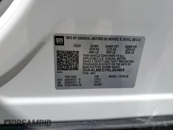 ✅ 2024 GMC Terrain SLE • VIN: 3GKALMEG7RL263454 • Lot: 71453705. Listed on Copart with 17,473 mi. Free auction sales archive from the USA and detailed vehicle history report at DreamBid. Image 14.