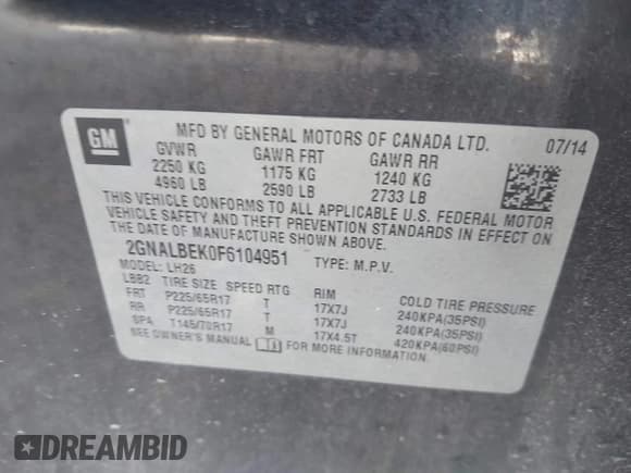 ✅ 2015 Chevrolet Equinox LT • VIN: 2GNALBEK0F6104951 • Lot: 43596665. Listed on IAAI with 129,750 mi. Free auction sales archive from the USA and detailed vehicle history report at DreamBid. Image 9.