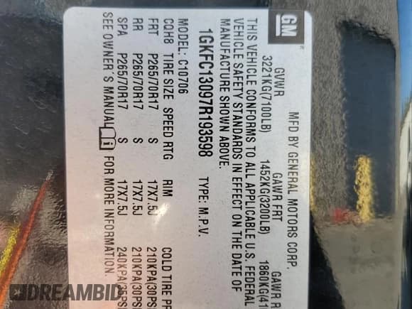 ✅ 2007 GMC Yukon SLE • VIN: 1GKFC13097R193598 • Lot: 72038755. Listed on Copart with 211,726 mi. Free auction sales archive from the USA and detailed vehicle history report at DreamBid. Image 14.