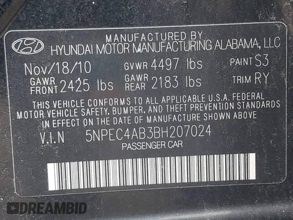 2011 Hyundai Sonata SE z VIN 5NPEC4AB3BH207024, wystawiony jako IAAI lot #42207793 z przebiegiem 162 128 mil mil oraz . Historia ofert i sprzedaży dostępna na DreamBid. Obrazek 9.